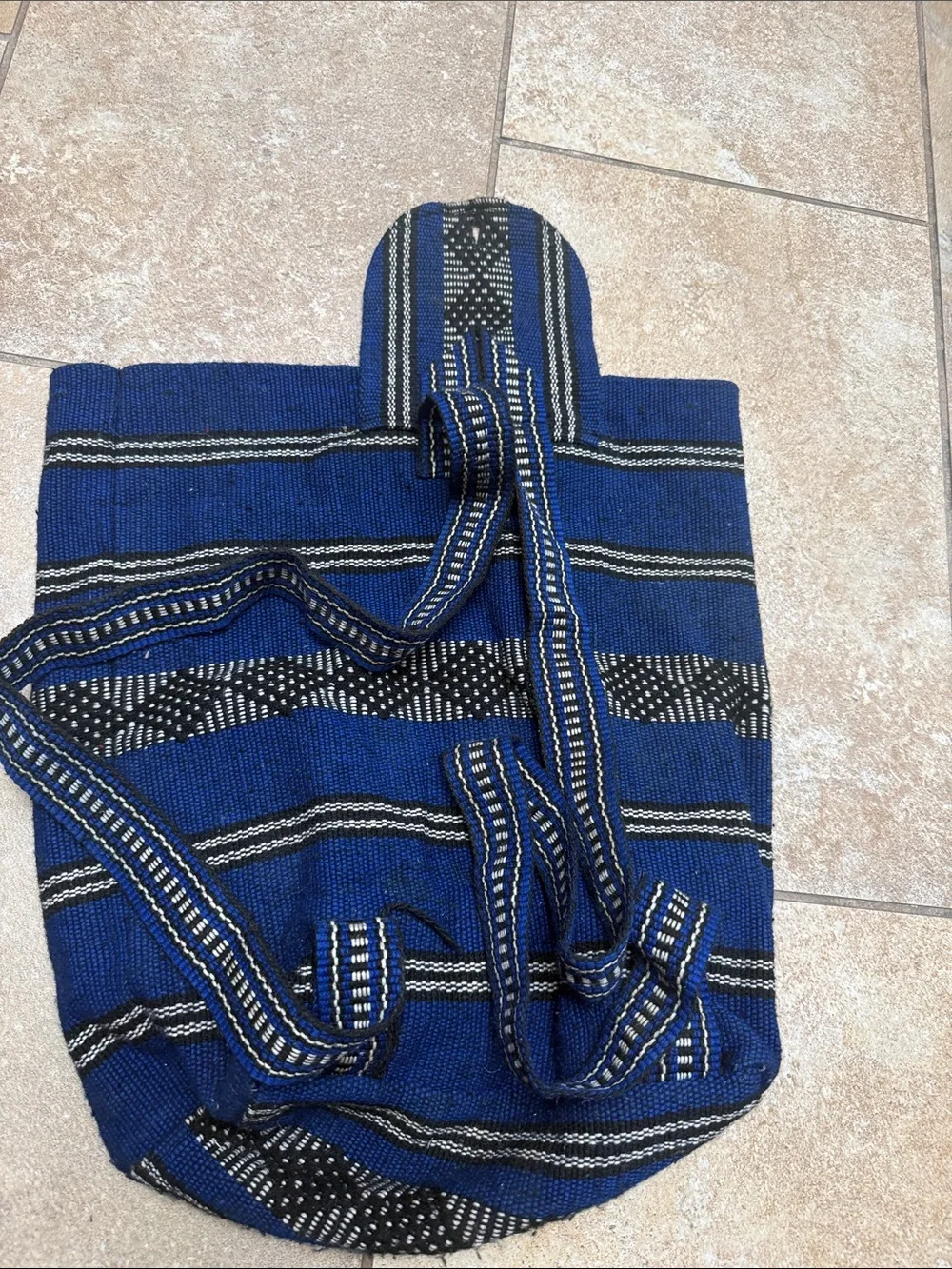 Blue Striped Woven Backpack Tote with Front Pocket
